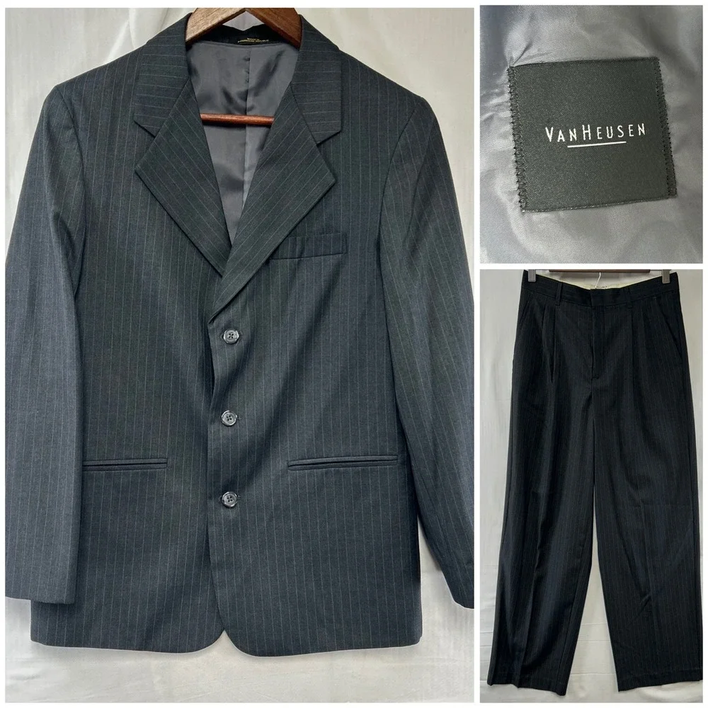Van Heusen 2-Piece Suit Set Boys 18 Regular Charcoal Pinstripe Blazer Pants